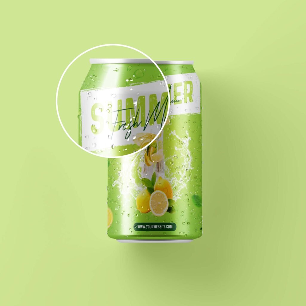 Close Up Of a Free Cold Drink Can Mockup PSD Template