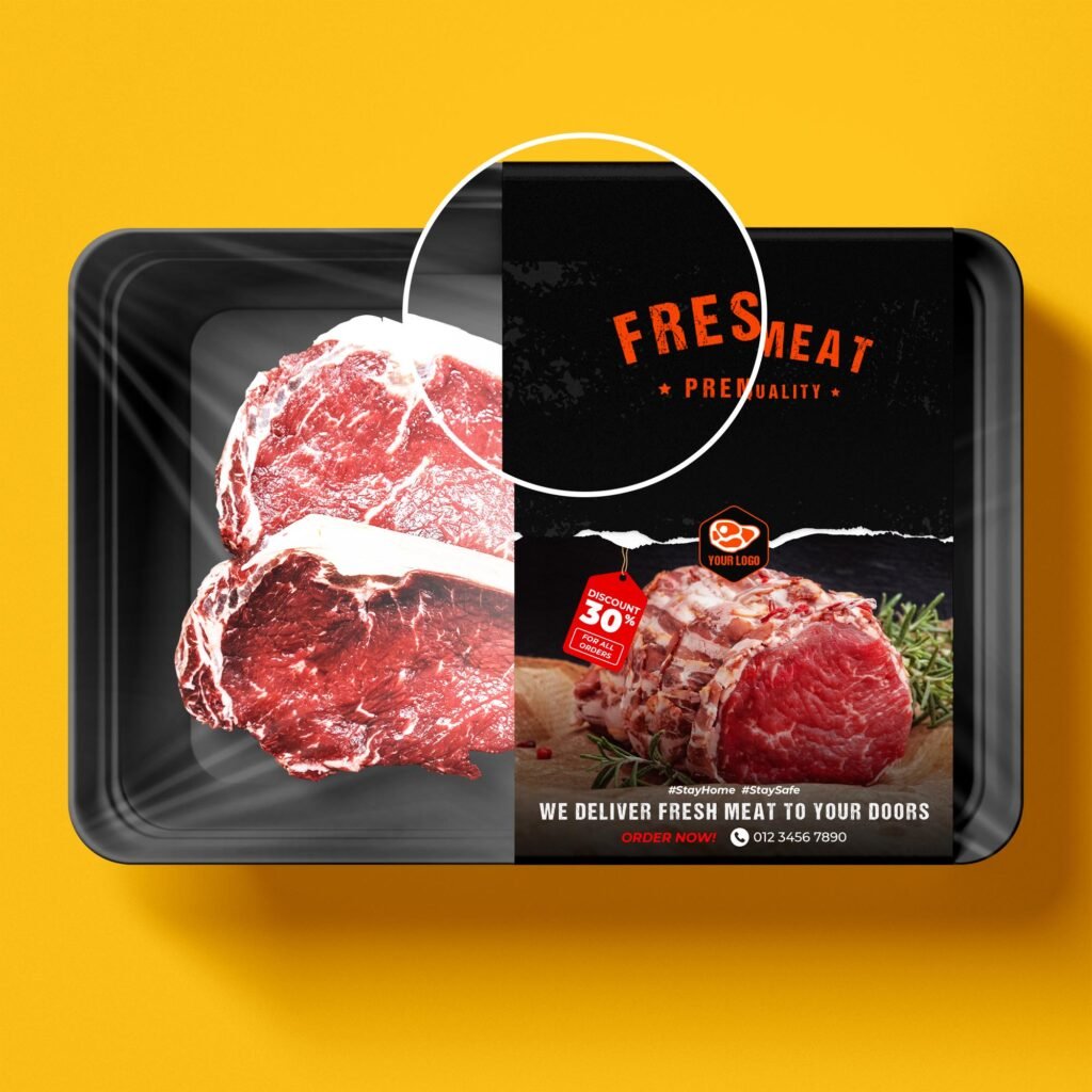 Close Up Of a Free Packaging Meat Tray Mockup PSD Template