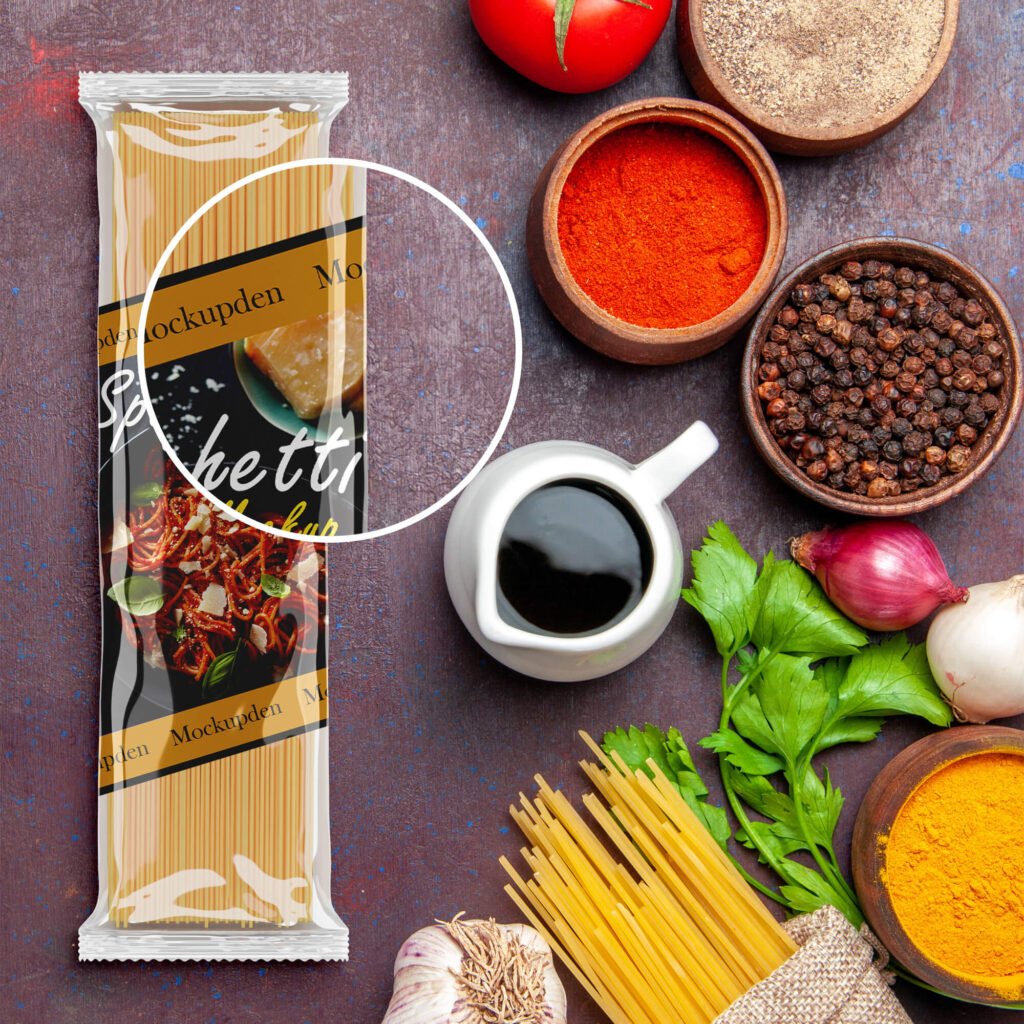Close Up Of a Free Spaghetti Packaging Mockup PSD Template