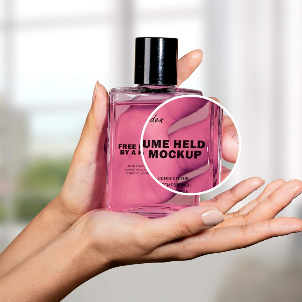 Close Up Of a Free Perfume Held by a Hand Mockup PSD Template