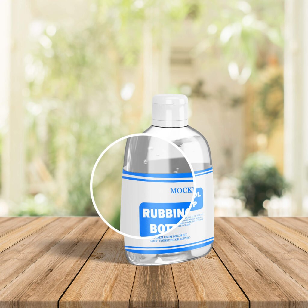 Close Up Of a Free Rubbing Alcohol Bottle Mockup PSD Template