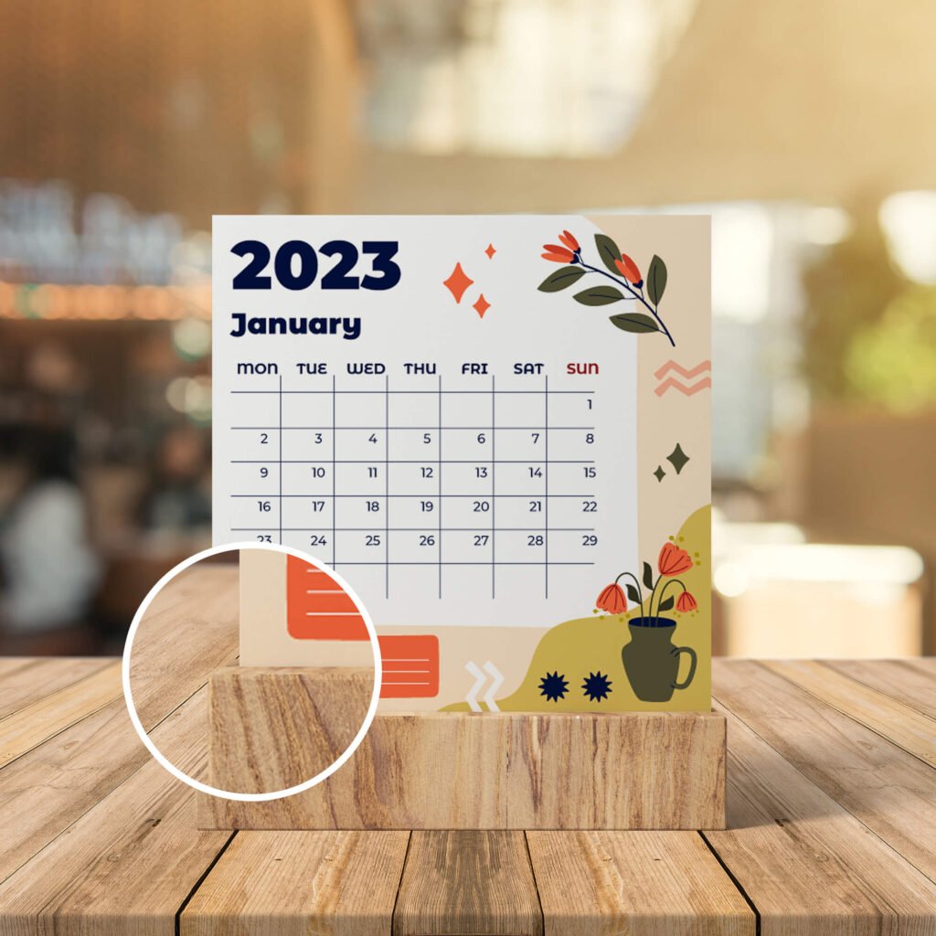 Close Up Of a Free Wooden Frame Calendar Mockup PSD Template