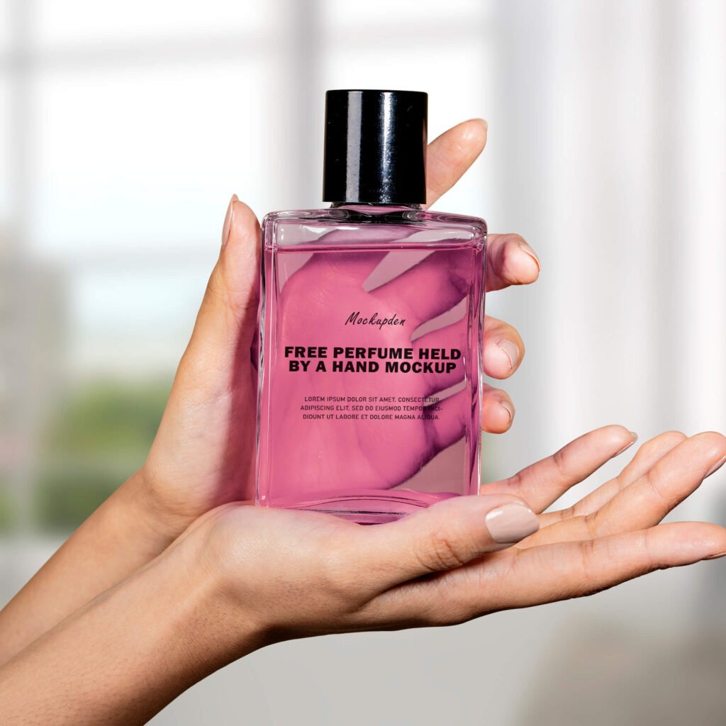 Free Perfume Held by a Hand Mockup PSD Template