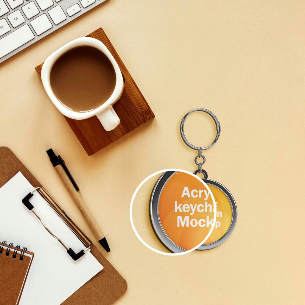Close Up Of a Free Acrylic Round keychain Mockup PSD Template