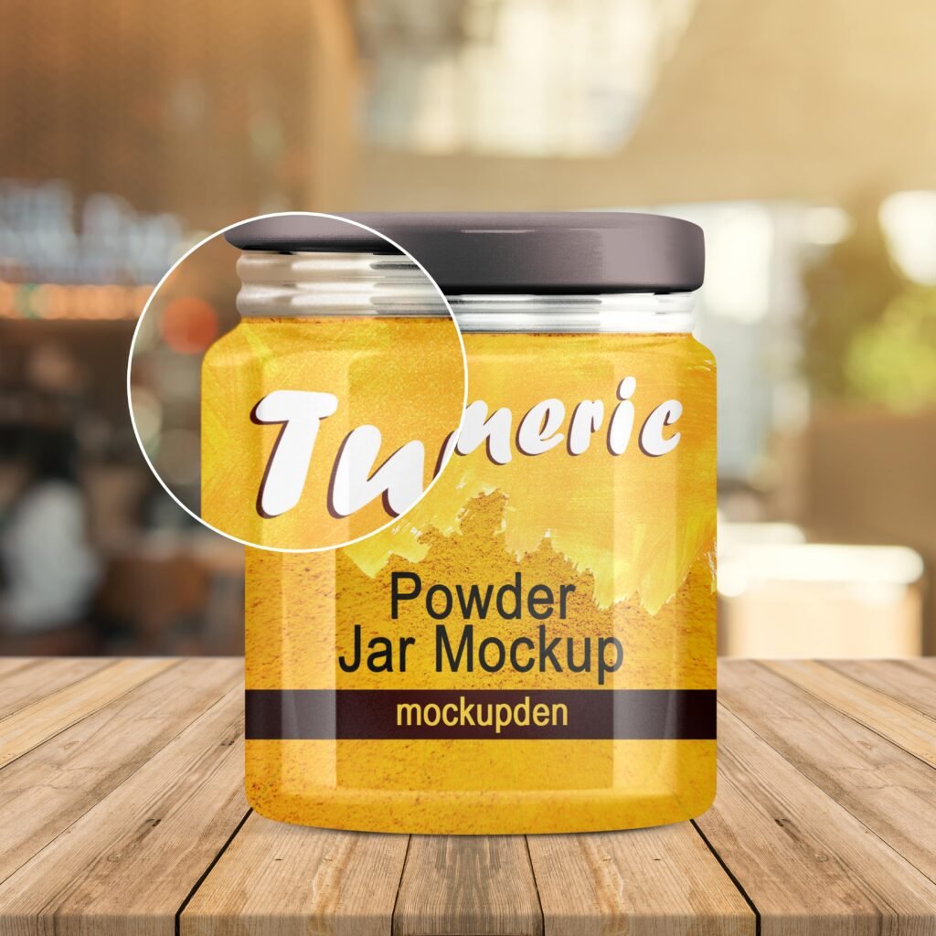 Close Up Of a Free Turmeric Powder Jar Mockup PSD Template-min