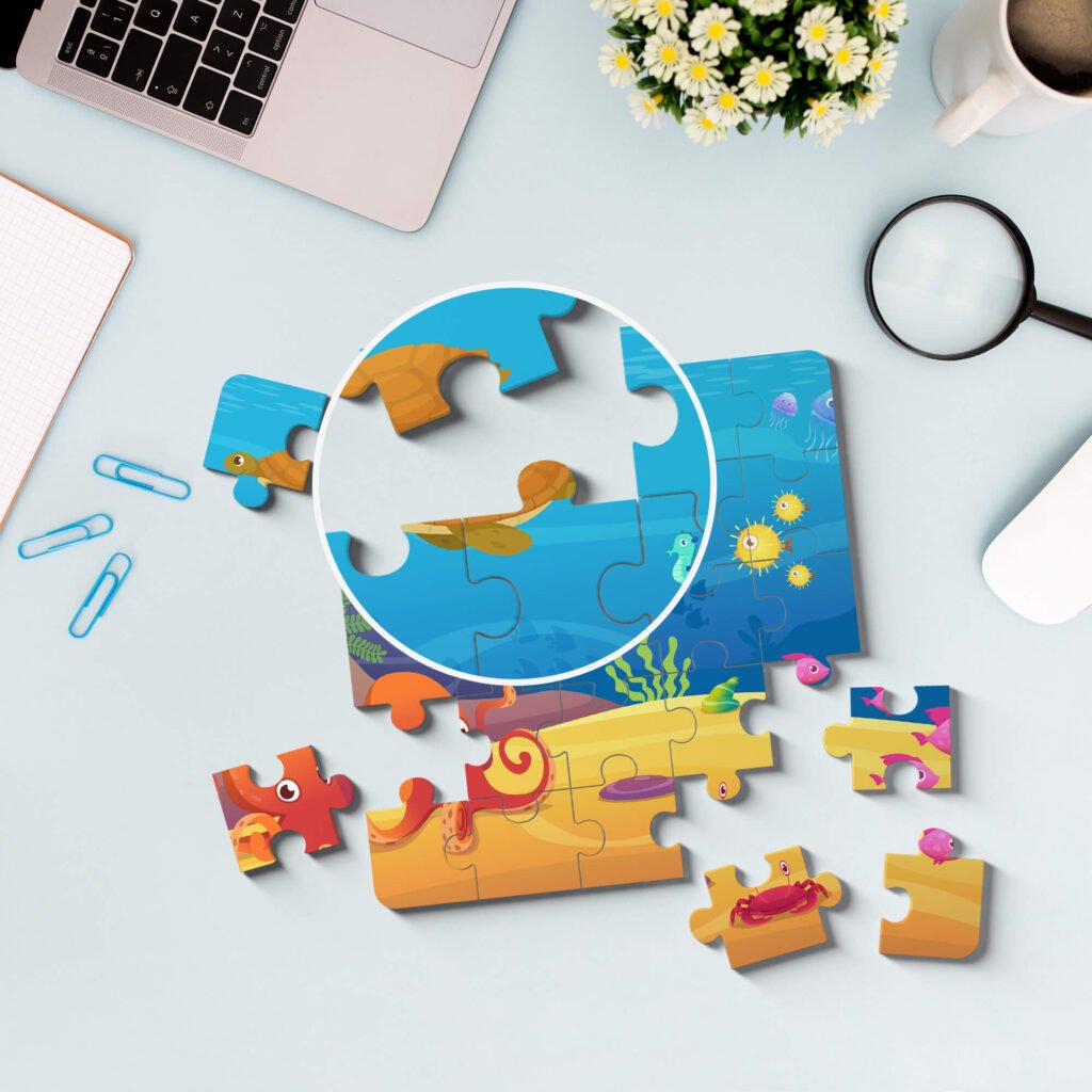 Close Up Of a Free Jigsaw Puzzle Mockup Set PSD Template