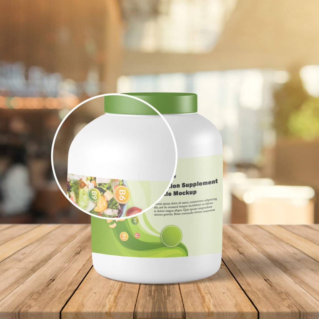 Close Up Of a Free Nutrition Supplement Bottle Mockup PSD Template
