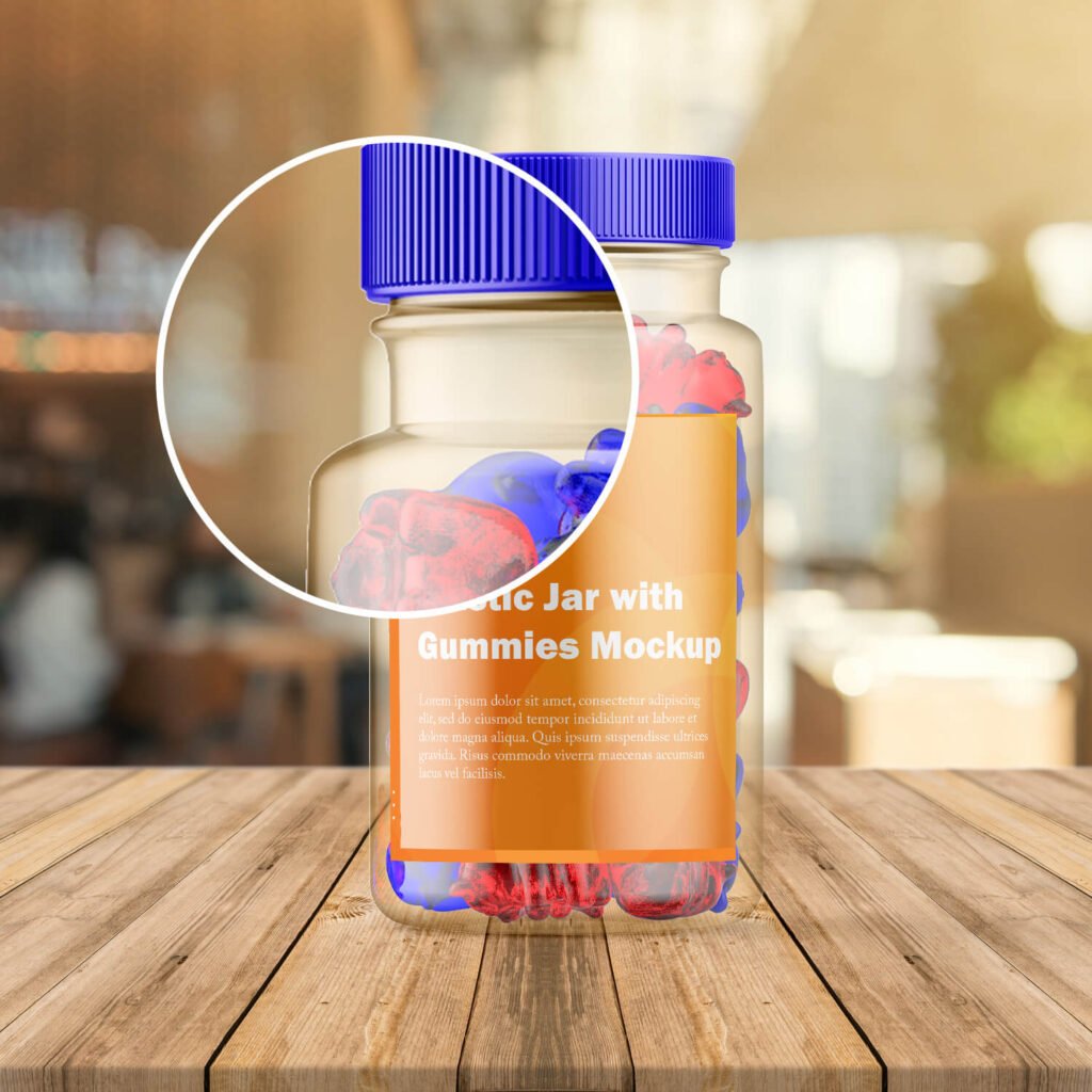 Close Up Of a Free Plastic Jar with Gummies Mockup PSD Template
