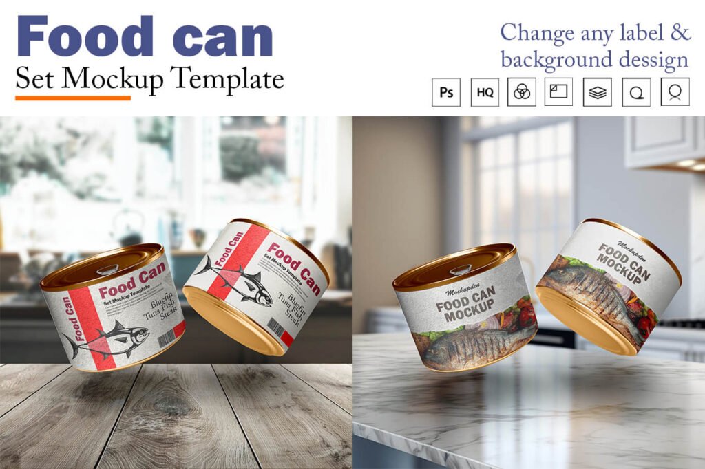 Food Can Mockup on a Kitchen and Wooden Table Template